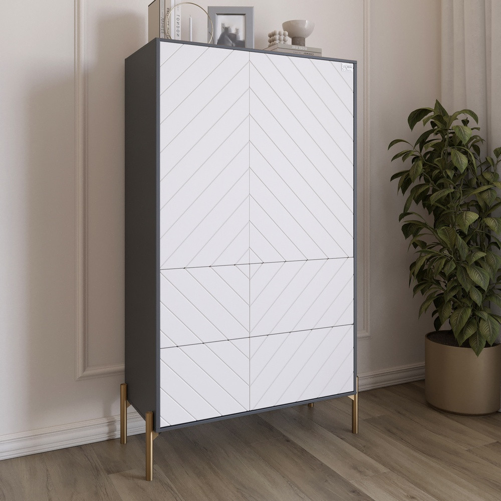 Комод-пенал з рельєфним оздобленням фасаду та золотими металевими ніжками LION Амарант 84x40x150 см Антрацит/Білий (LION-042184), фото 1