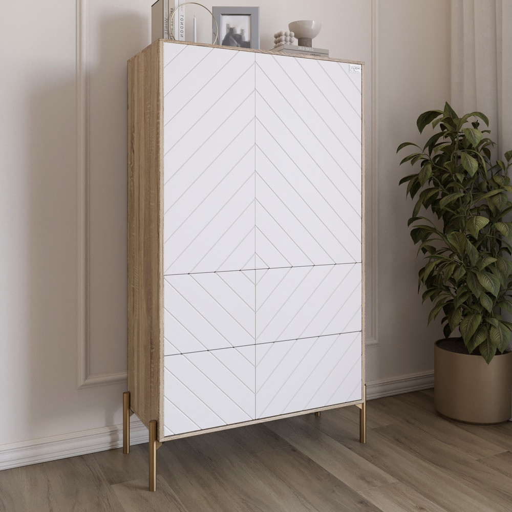 Комод-пенал з рельєфним оздобленням фасаду та золотими металевими ніжками LION Амарант 84x40x150 см Дуб сонома трюфель/Білий, фото 1