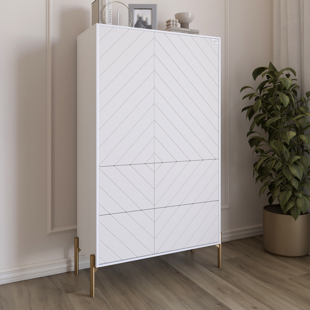 Комод-пенал з рельєфним оздобленням фасаду та золотими металевими ніжками LION Амарант 84x40x150 см Німфея Альба (білий)/Білий, фото 1