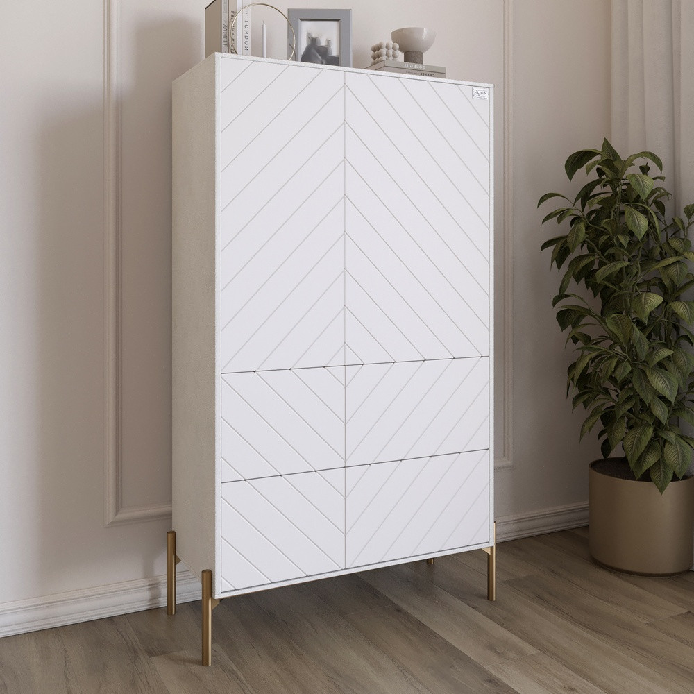 Комод-пенал з рельєфним оздобленням фасаду та золотими металевими ніжками LION Амарант 84x40x150 см Бетон Style/Білий, фото 1