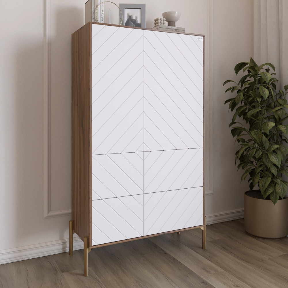 Комод-пенал з рельєфним оздобленням фасаду та золотими металевими ніжками LION Амарант 84x40x150 см Дуб Ліворно/Білий, фото 1