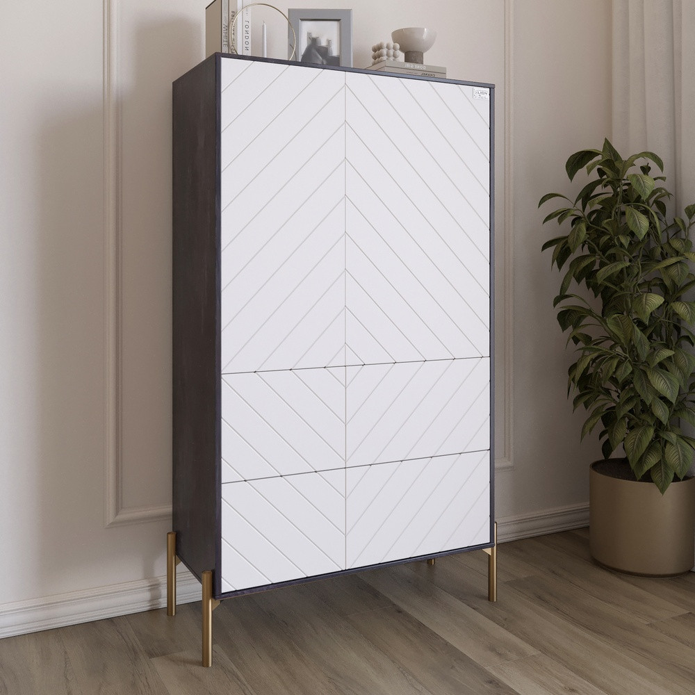 Комод-пенал з рельєфним оздобленням фасаду та золотими металевими ніжками LION Амарант 84x40x150 см Бетон темний/Білий, фото 1