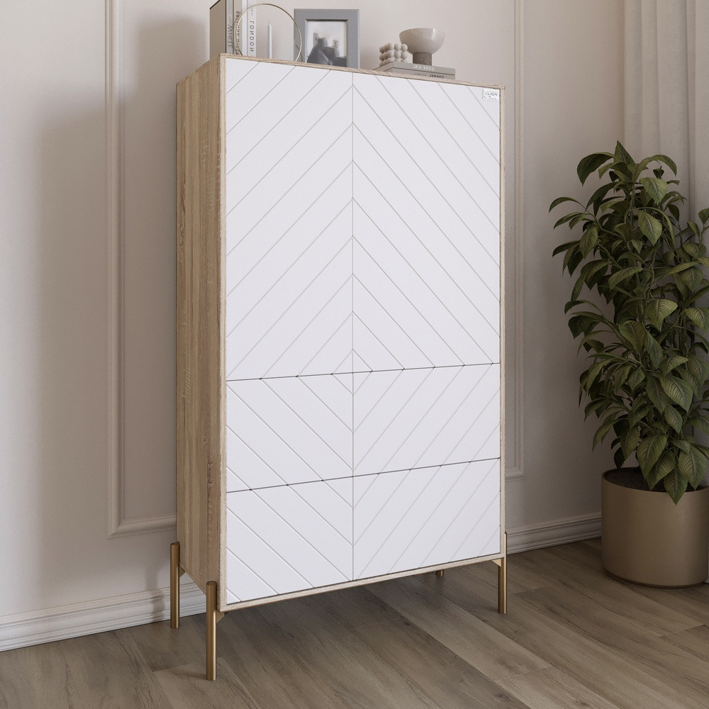 Комод-пенал з рельєфним оздобленням фасаду та золотими металевими ніжками LION Амарант 84x40x150 см Дуб сонома/Білий (LION-042198), фото 1