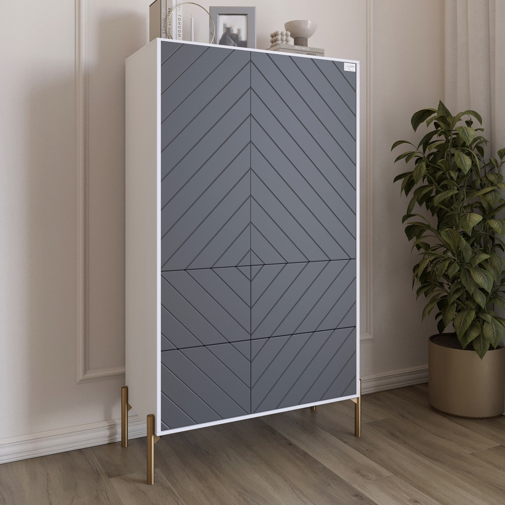 Комод-пенал з рельєфним оздобленням фасаду та золотими металевими ніжками LION Амарант 84x40x150 см Німфея Альба, фото 1