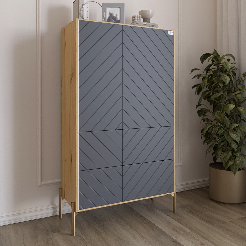 Комод-пенал з рельєфним оздобленням фасаду та золотими металевими ніжками LION Амарант 84x40x150 см Дуб Артизан/Графітовий, фото 1