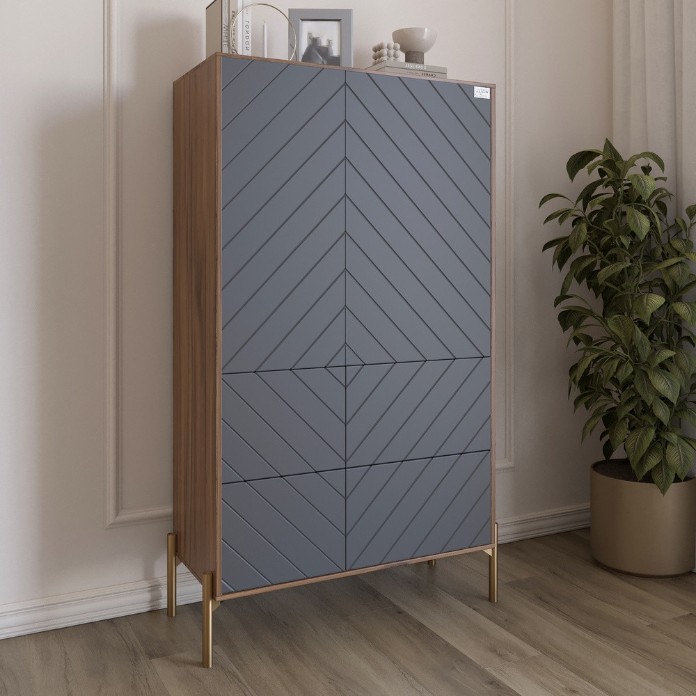 Комод-пенал з рельєфним оздобленням фасаду та золотими металевими ніжками LION Амарант 84x40x150 см Дуб Ліворно/Графітовий, фото 1