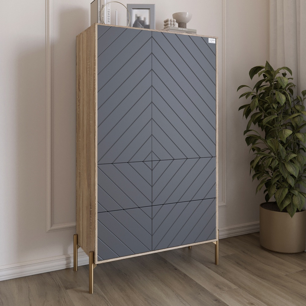 Комод-пенал з рельєфним оздобленням фасаду та золотими металевими ніжками LION Амарант 84x40x150 см Дуб сонома трюфель/Графітовий, фото 1