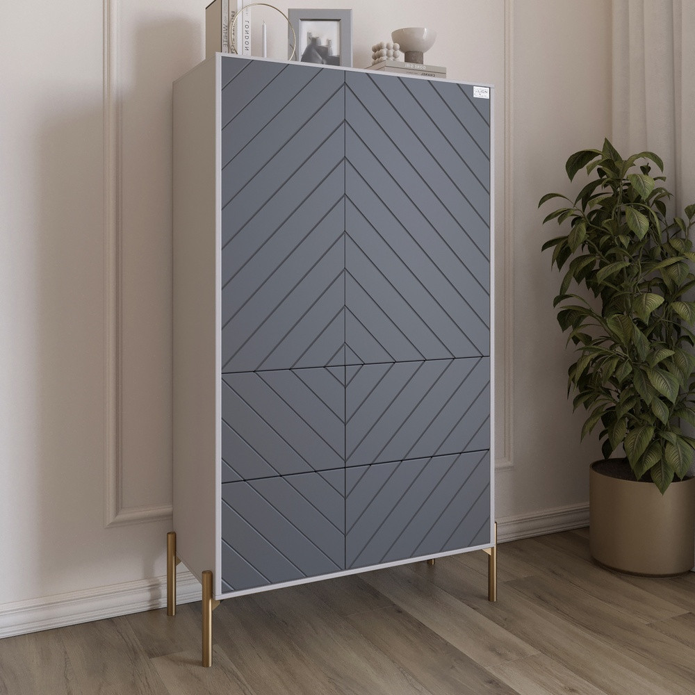 Комод-пенал з рельєфним оздобленням фасаду та золотими металевими ніжками LION Амарант 84x40x150 см Кашемір/Графітовий, фото 1