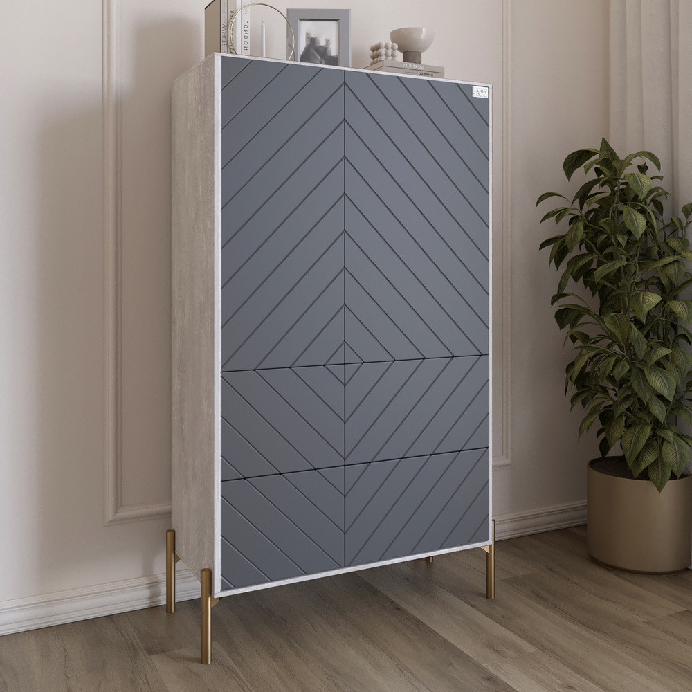 Комод-пенал з рельєфним оздобленням фасаду та золотими металевими ніжками LION Амарант 84x40x150 см Бетон/Графітовий (LION-042209), фото 1