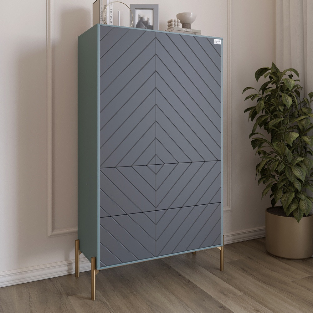 Комод-пенал з рельєфним оздобленням фасаду та золотими металевими ніжками LION Амарант 84x40x150 см Граніт сірий/Графітовий, фото 1