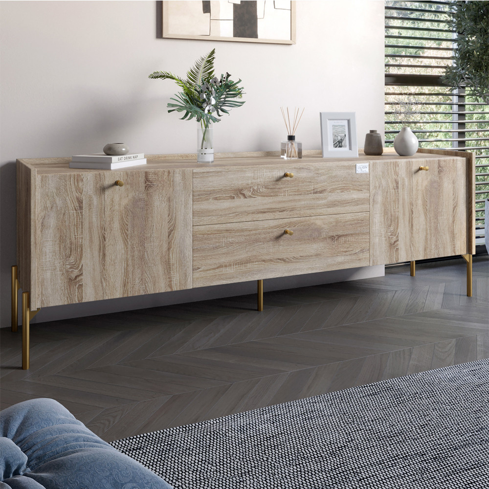 Тумба під телевізор з шухлядами LION Wood з золотими ніжками 180х50х40 см Дуб Сонома Трюфель (LION-043116)