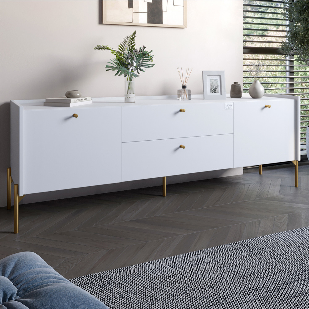 Тумба під телевізор з шухлядами LION Wood з золотими ніжками 180х50х40 см Німфея Альба (білий) (LION-043118)