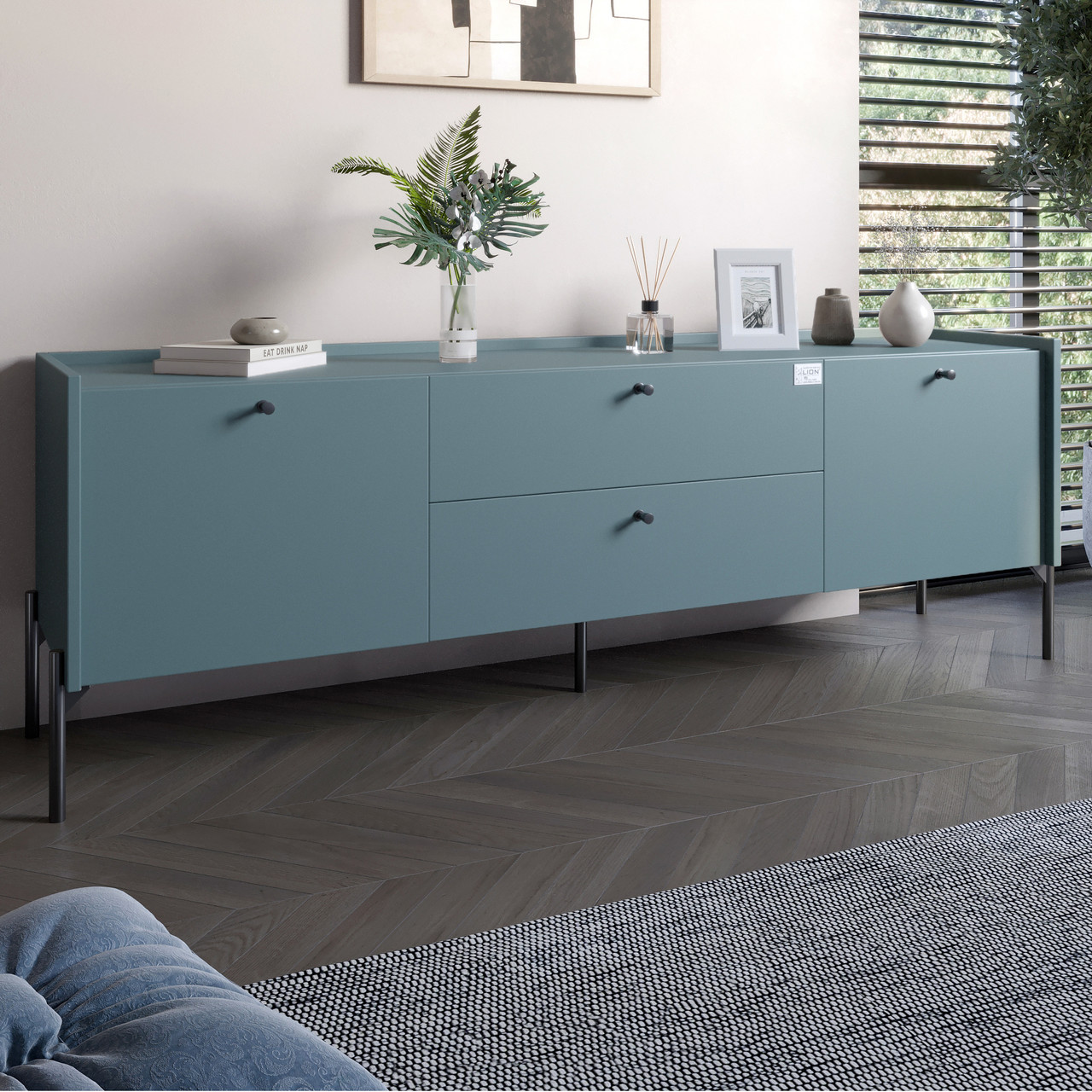 Тумба під телевізор з шухлядами LION Wood з чорними ніжками 180х50х40 см Граніт сірий (LION-043125)