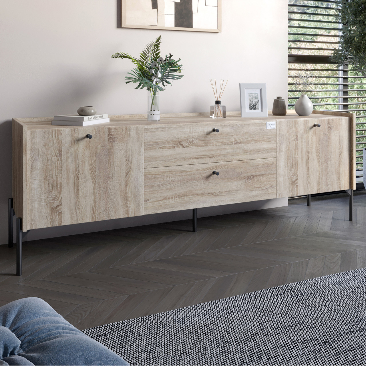 Тумба під телевізор з шухлядами LION Wood з чорними ніжками 180х50х40 см Дуб Сонома (LION-043129)