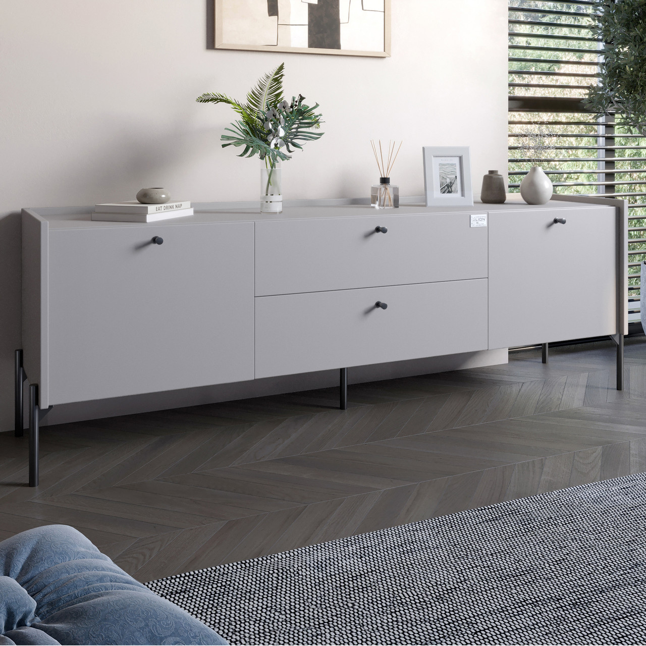 Тумба під телевізор з шухлядами LION Wood з чорними ніжками 180х50х40 см Кашемір (LION-043131)