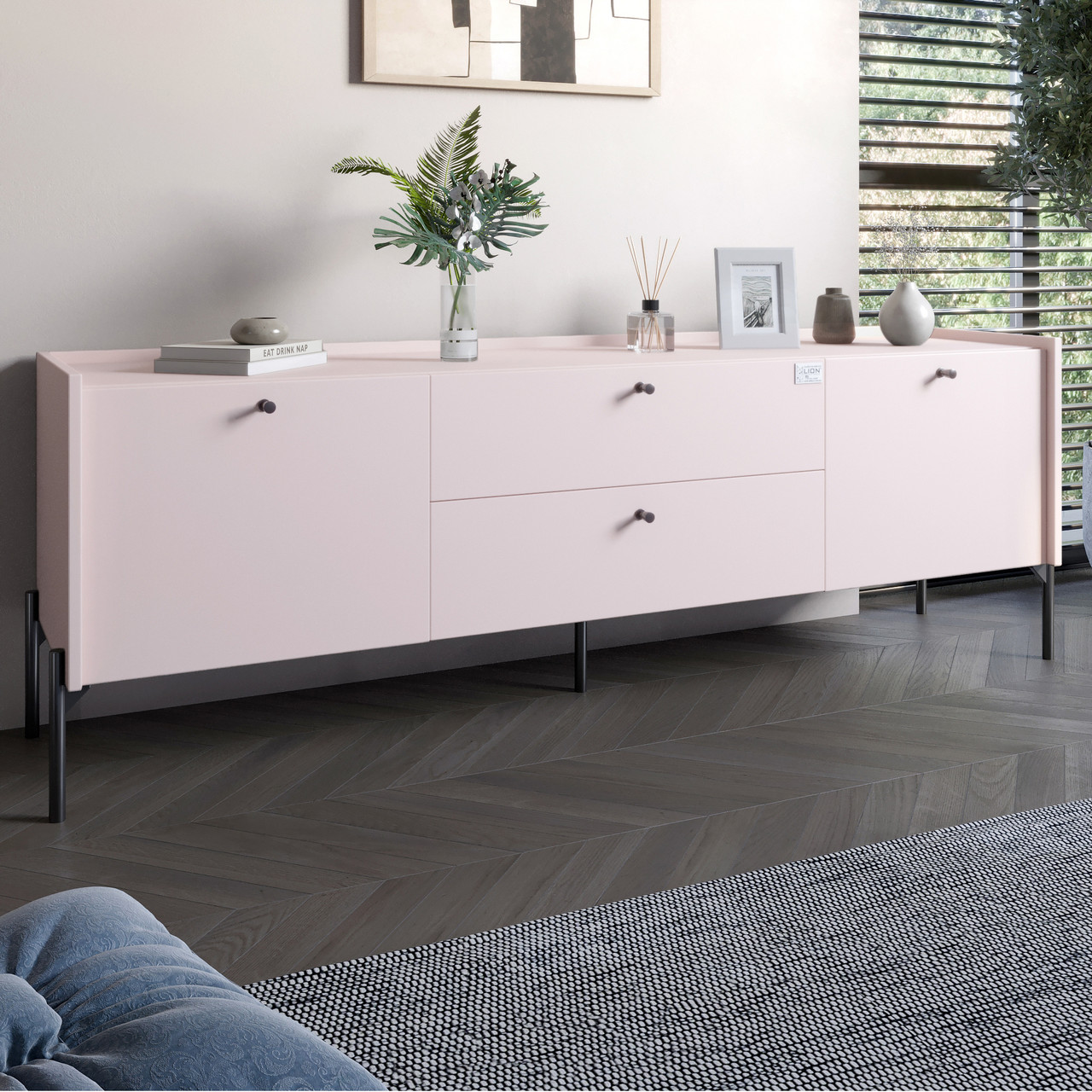 Тумба під телевізор з шухлядами LION Wood з чорними ніжками 180х50х40 см Рожевий (LION-043133)