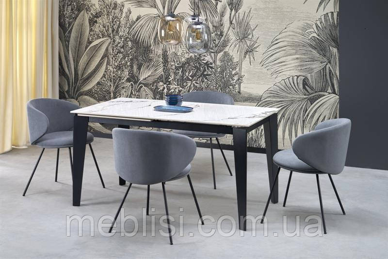 Сірий розкладний стіл 140 FELIX білий мармор/ніжки чорні 141(201)х81 (Halmar)