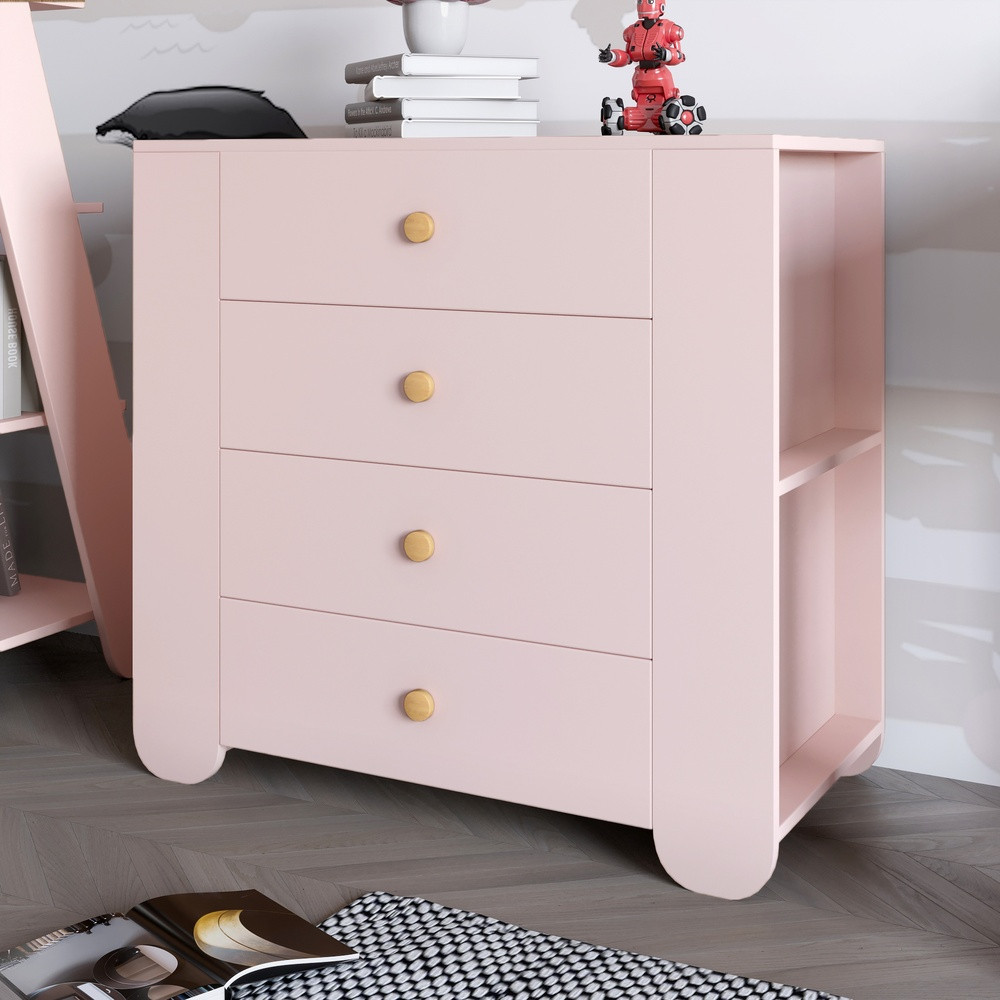 Комод для дитячої кімнати LION Інді з 4 шухлядами та бічними нішами Рожевий (LION-042947), фото 1