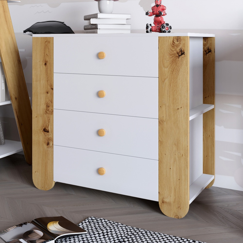 Комод для дитячої кімнати LION Інді з 4 шухлядами та бічними нішами Німфея Альба (білий)/Дуб Артизан (LION-042953), фото 1