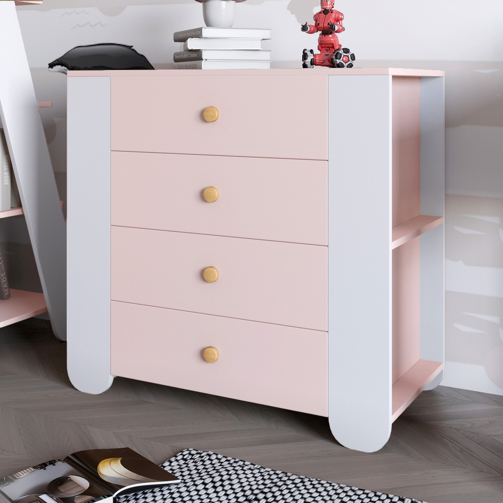 Комод для дитячої кімнати LION Інді з 4 шухлядами та бічними нішами Рожевий/Німфея Альба (білий) (LION-042954), фото 1