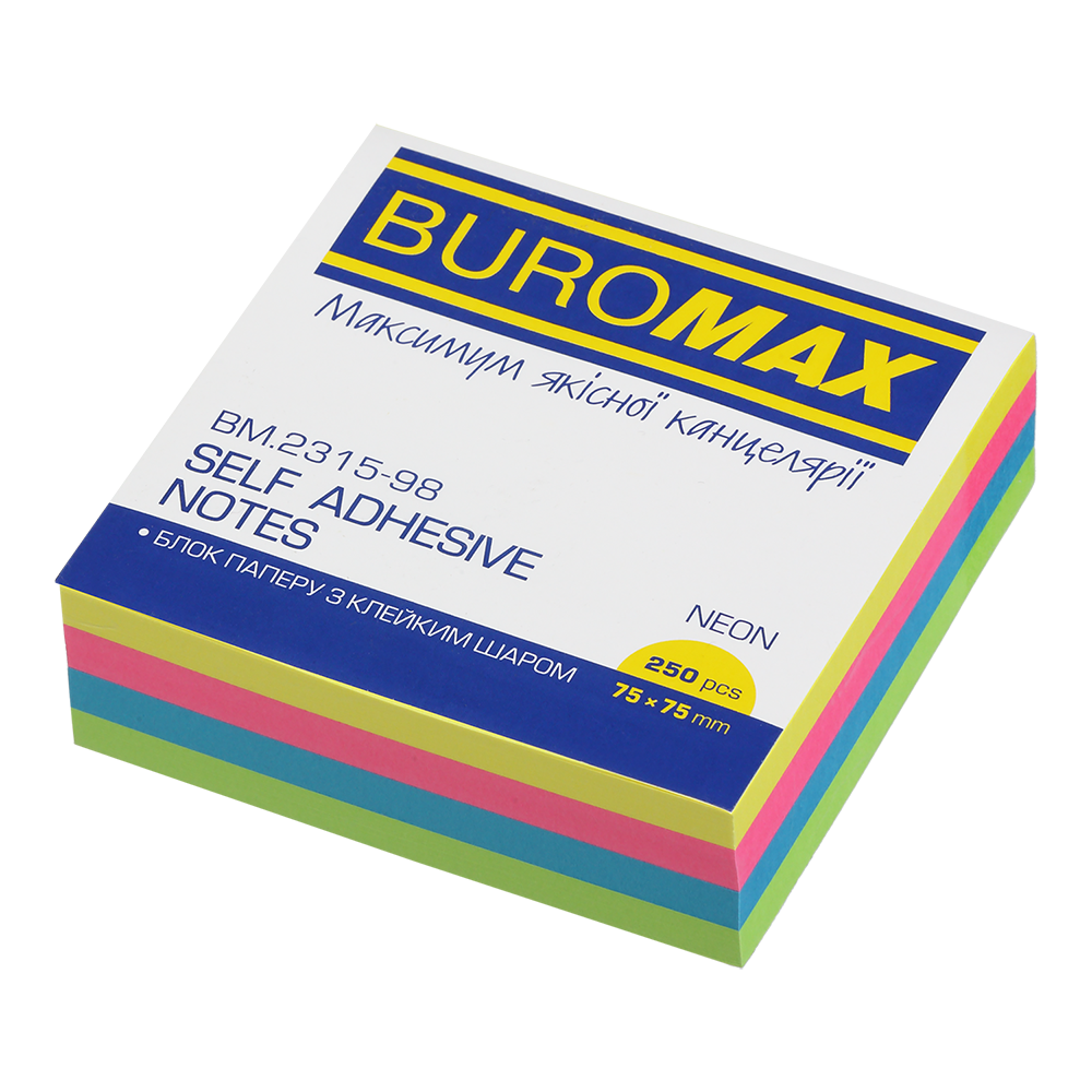 Блок для нотаток 76x76мм, 250арк. 4кольори. декор неон BUROMAX BM.2315-98, фото 1