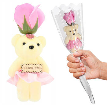 Мильна троянда на паличці з ведмедиком, з підсвічуванням, 45 см / Ведмедик з трояндою / Троянда з мила з ведмедиком / Троянда миль