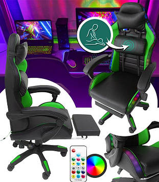 Геймерське крісло з RGB підсвіткою, подушками та висувною підставкою для ніг, Чорний/Зелений (G898)