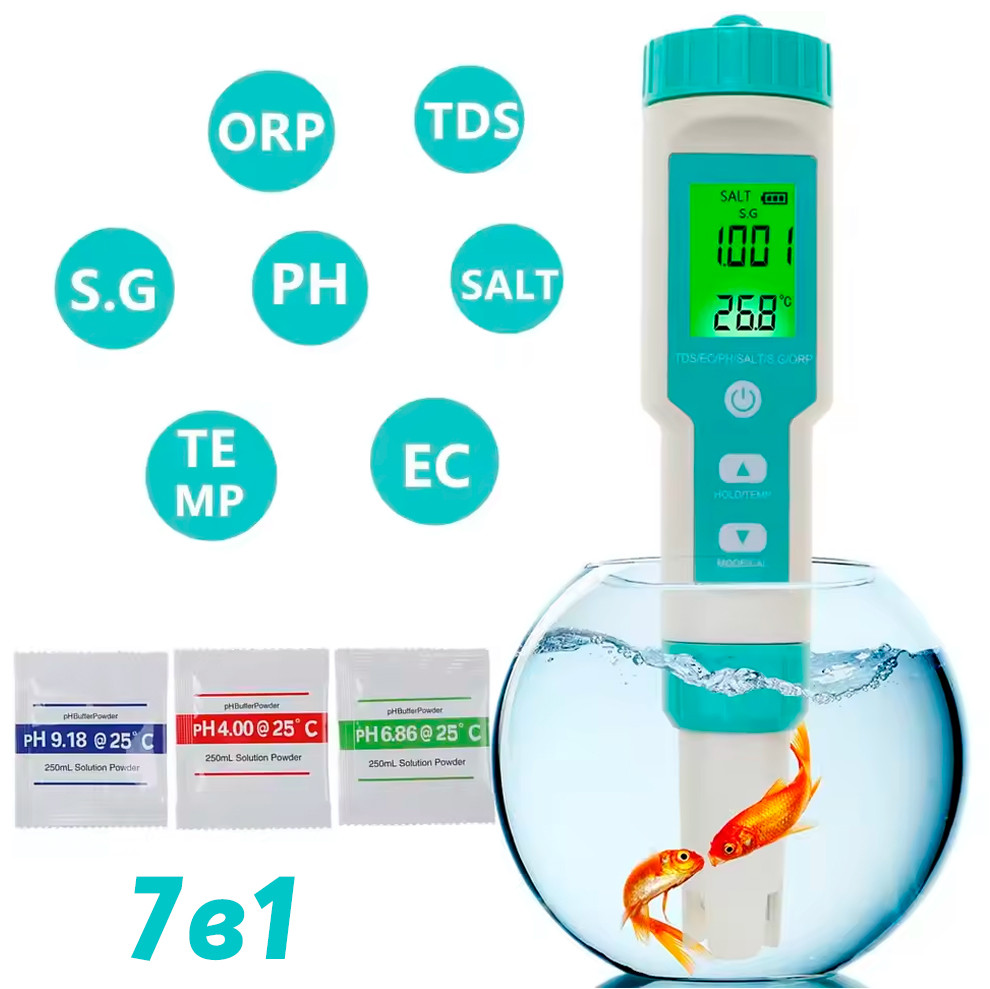 Аналізатор тестер води ORP/ТДС/РН/Ес/SALT/S.G/Темп 7 в 1 C-600 Блакитний, фото 1