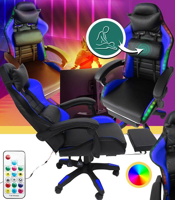 Геймерське крісло з RGB підсвіткою, подушками та висувною підставкою для ніг, Чорний/Синій (G897)