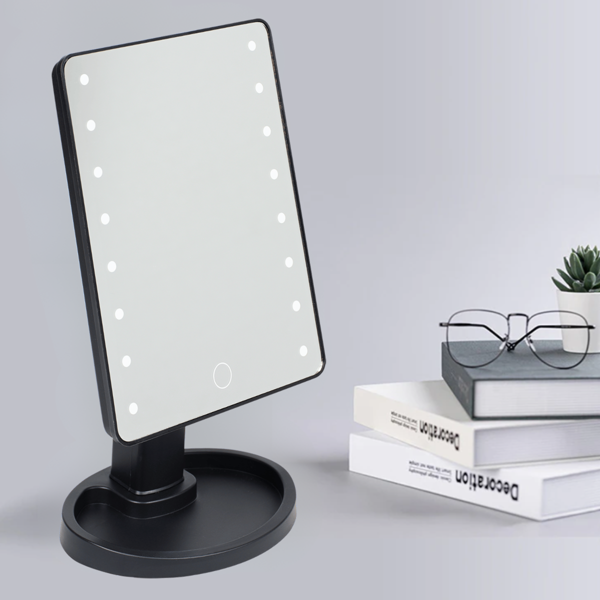 Дзеркало з підсвіткою для макіяжу настільне прямокутне Large Mirror, живлення від USB/батарейок Чорне, MLLM-22-Black, фото 1