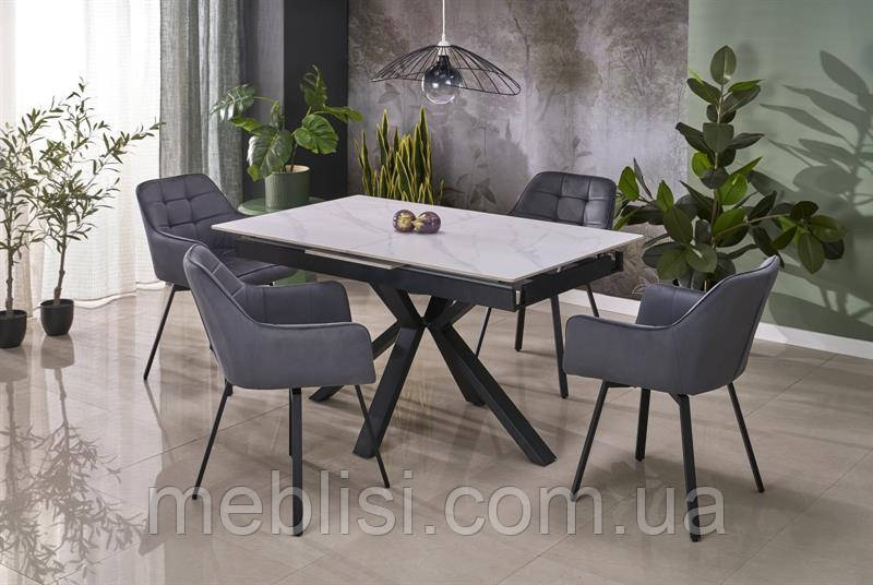 Сірий розкладний стіл 140 PLATAN білий мармор/ніжки чорні 140-180/85/76 cm (Halmar)