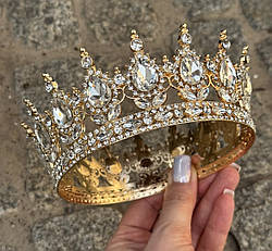 Корона металева для декору ЗОЛОТА з камінцями БІЛОГО кольору