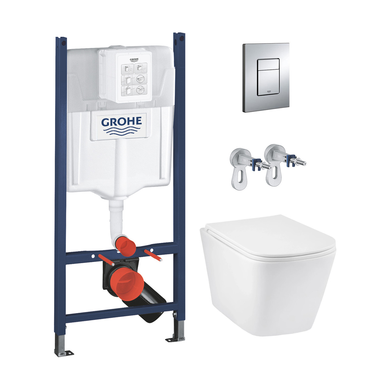 Комплект 4 в 1: Інсталяція GROHE Solido 3 в 1 3884966Q + Унітаз безобідковий Kroner Eifel WHI493436 TORNADO з