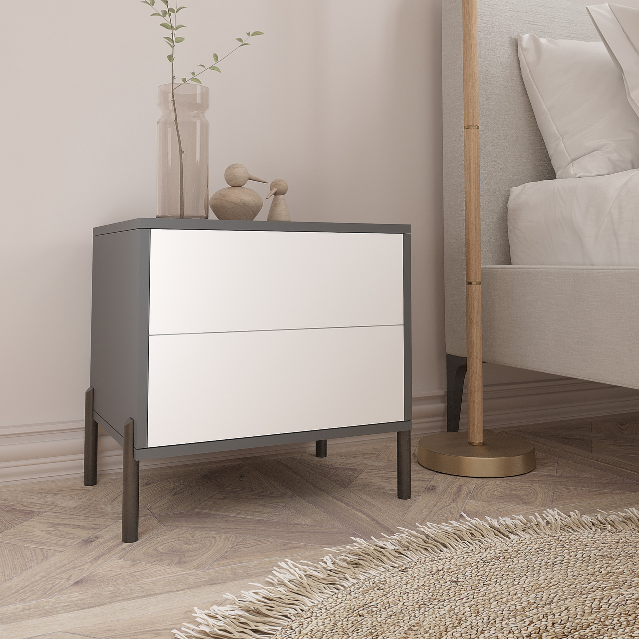 Приліжкова тумба Норді на металевих ніжках 500х500х400мм Антрацит/Білий, фото 1