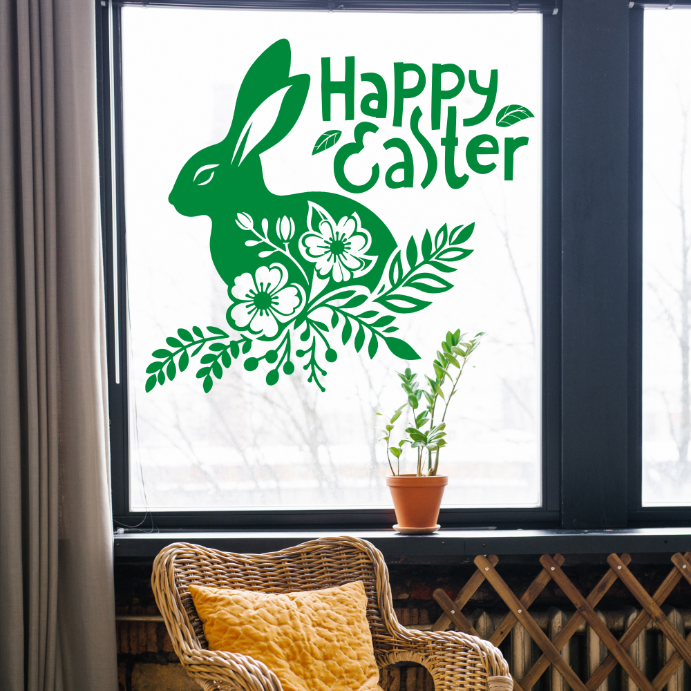 Наліпки на вікна вітрин Happy Pocket Великодній кролик Happy Easter напис декор Великдень матовий зелений