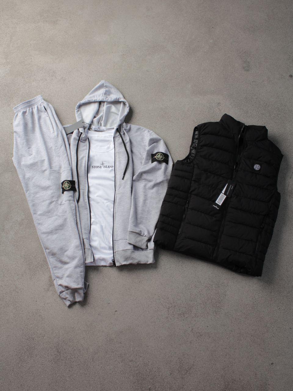 Чоловічий костюм Stone Island 5в1 Толстовка + Штани + Жилетка + Футболка + Кепка сірий Стон Айленд весняний