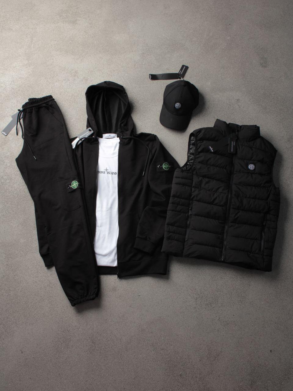 Чоловічий костюм Stone Island 5в1 Толстовка + Штани + Жилетка + Футболка + Кепка чорний Стон Айленд весняний