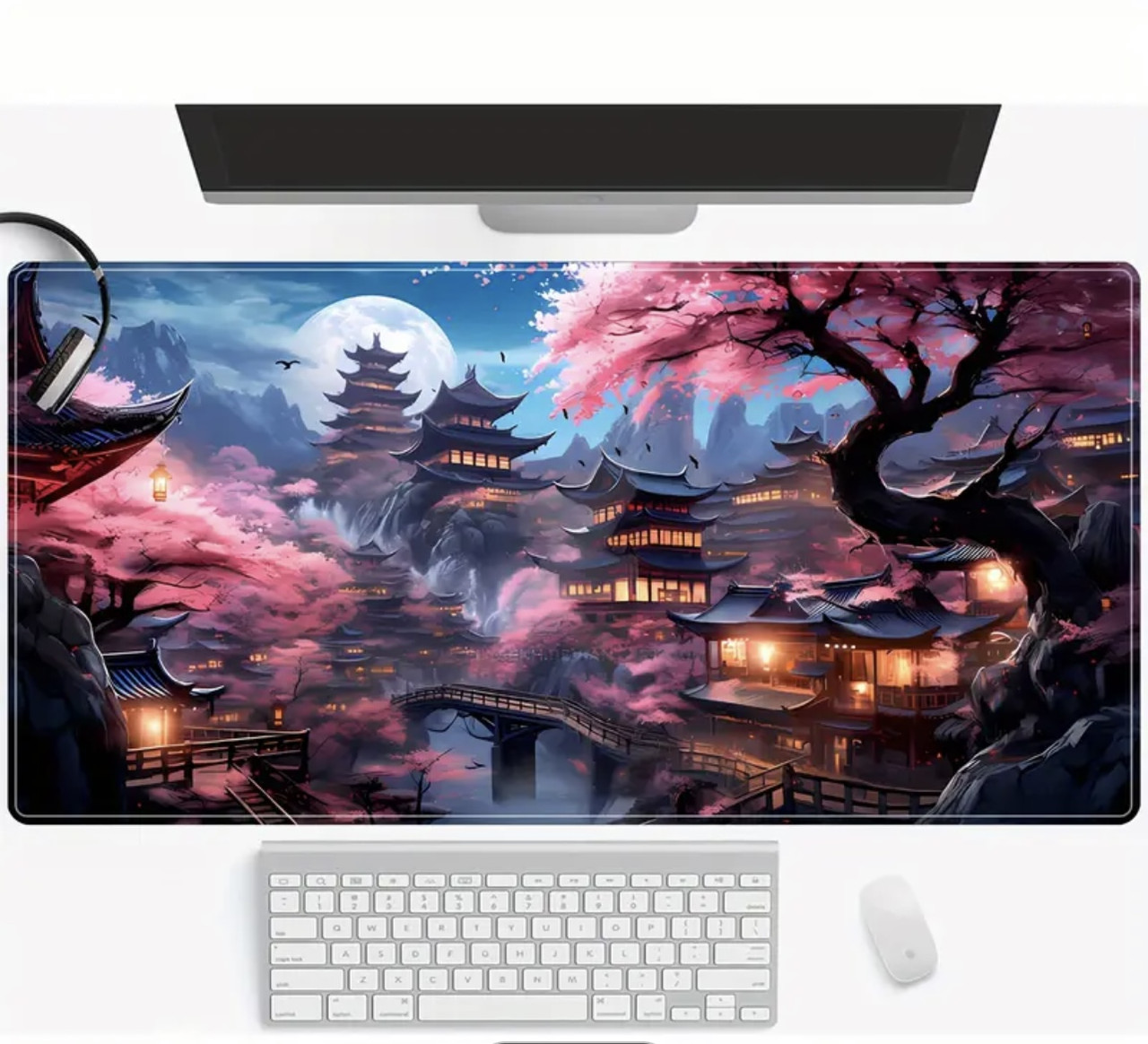 Килимок для миші з дизайном японського міста з рожевими деревами, розмір 80/30, фото 1