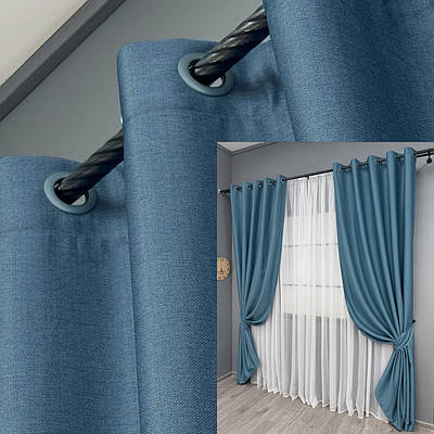 Комплект (2шт. 1,5х2,5м.) штор на люверсах, Шеніл однотонний (блекаут). Колір синій. Код 1696ш 37-0235