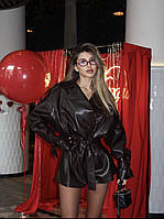 Шоколадна косуха шкіряна куртка з поясом шкірянка коричнева еко шкіра