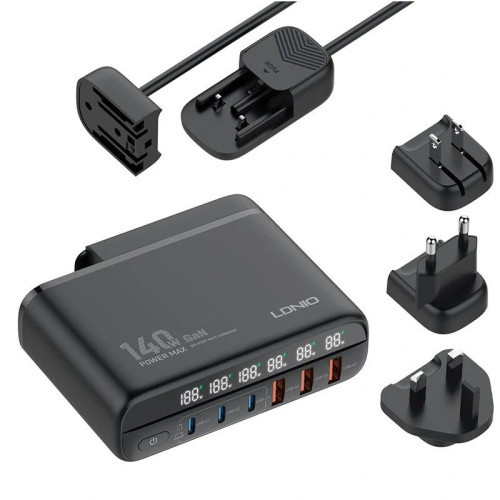 Мережевий Зарядний Пристрій LDNIO A6140C 140W LED display GAN (3USB/3Type-C) (Чорний)