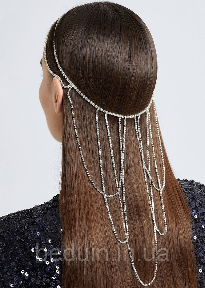 Прикраса на волосся зі стразів, тіара-фату з ланцюжками — срібляста Aushal Jewellery