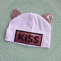 Шапка "KISS" з вушками та паєтками ДШ, демі Білий