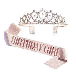 Набір Корона діадема для торта зі стрічкою рожева