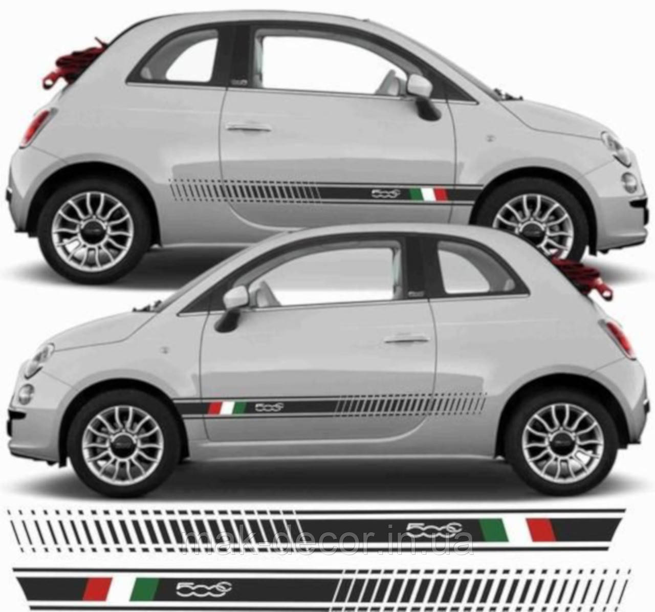 Наклейки на авто " FIAT 500 + прапор Італії " 10х180 см на дві сторони