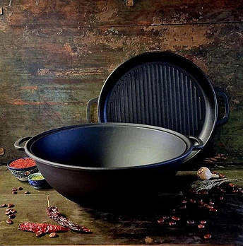 Казан чавунний узбецький об`ємом 8 л WOK із кришкою-сковородою гриль "Наша Майстерня", фото 1