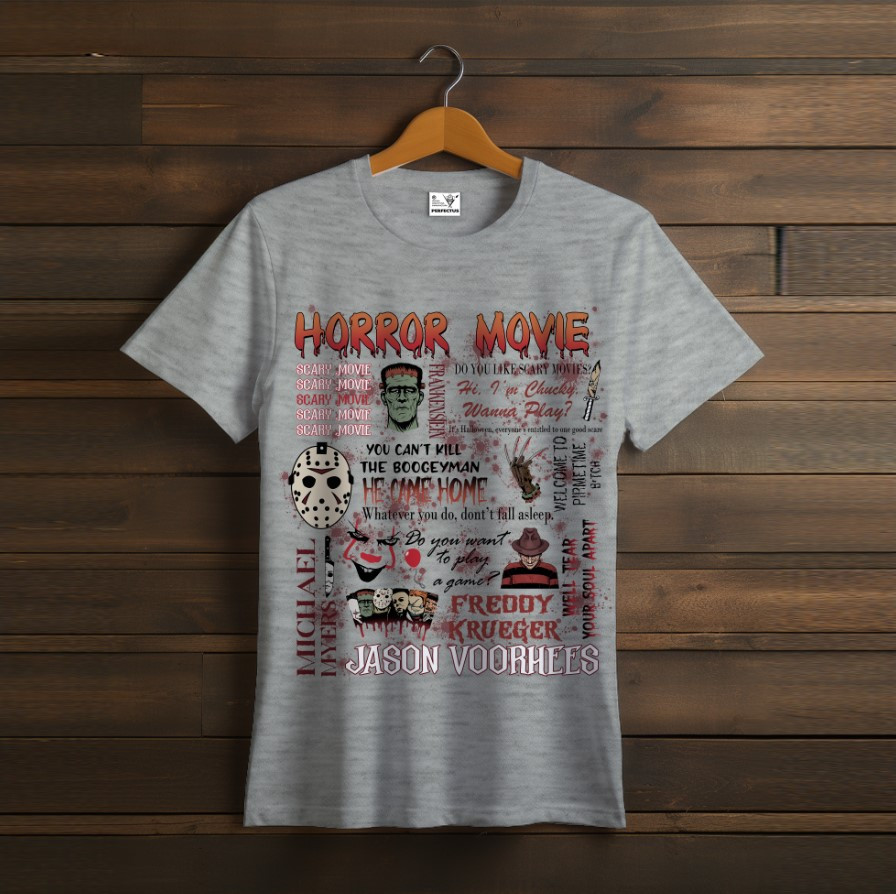 Футболка з принтом "Всі герої хорор жахи друзі фільм Хеловін арт Halloween написи" ВСІ Розміри, фото 1