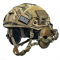 Комплект шолом FAST Helmet NIJ III Каска 3А з активними навушниками Walker's Razor Patriot Кавер Мультикам + Ліхтар Військова