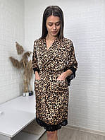 Принтований жіночий халат шовк з мереживом