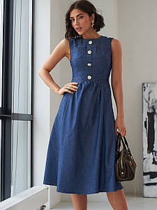 Джинсова сукня жіноча а силуету довжини міді на гудзики темно синя